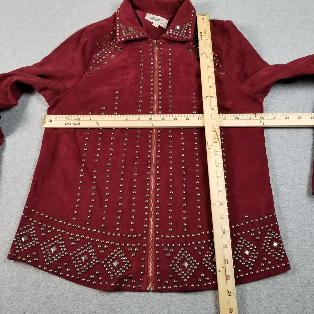 Rockin' C Jacket Women's Large L Red Studded Faux Suede Western Thunderbird Bell